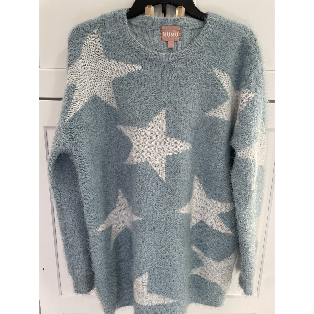Show Me Your Mumu Leighanne Sweater‎ Fuzzy Star Knit Blue Women's Sz S AK103